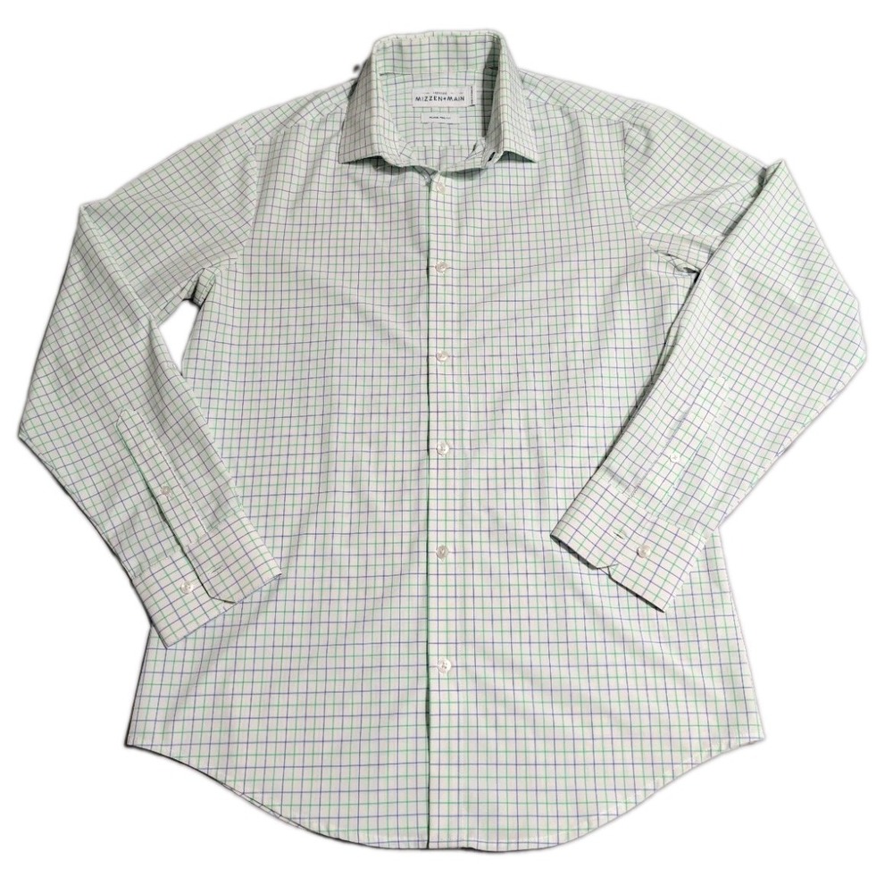 Mizzen+Main Leeward Dress Shirt Mens M Trim Fit White Blue Green Check Stretch